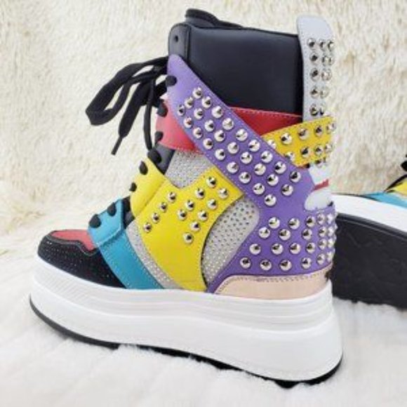 Quince Hidden Wedge Platform Punk Designer Sneakers Black Multi Rhinestones - Picture 2 of 7
